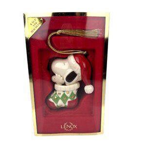 LENOX Peanuts Snoopy in Stocking Christmas Tree Ornament Holiday Porcelain VTG